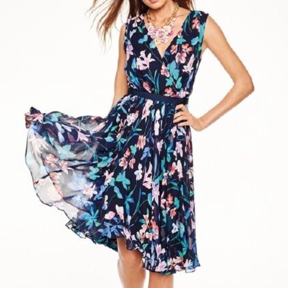 Talbots Navy Floral Faux Wrap Crossover Dress